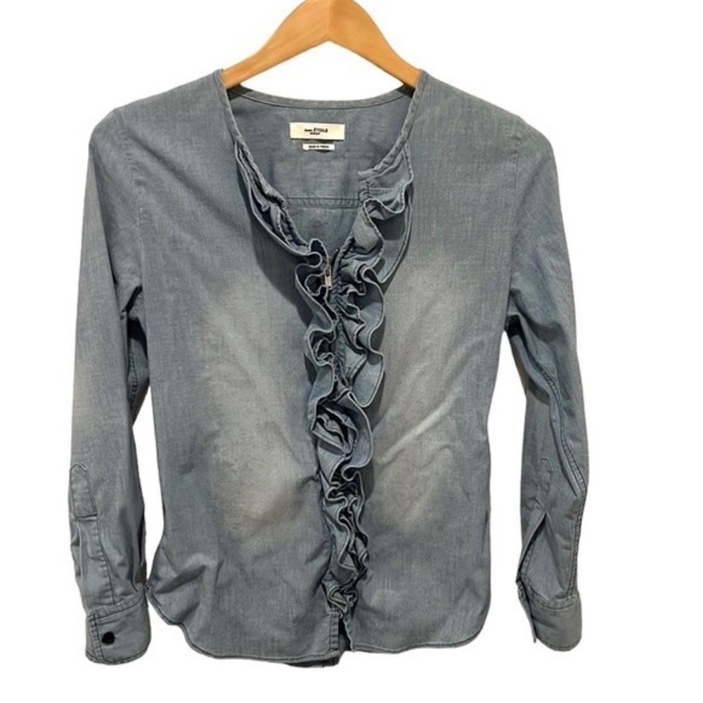 Isabel Marant Faded Blue Ruffle-Front Denim Blouse